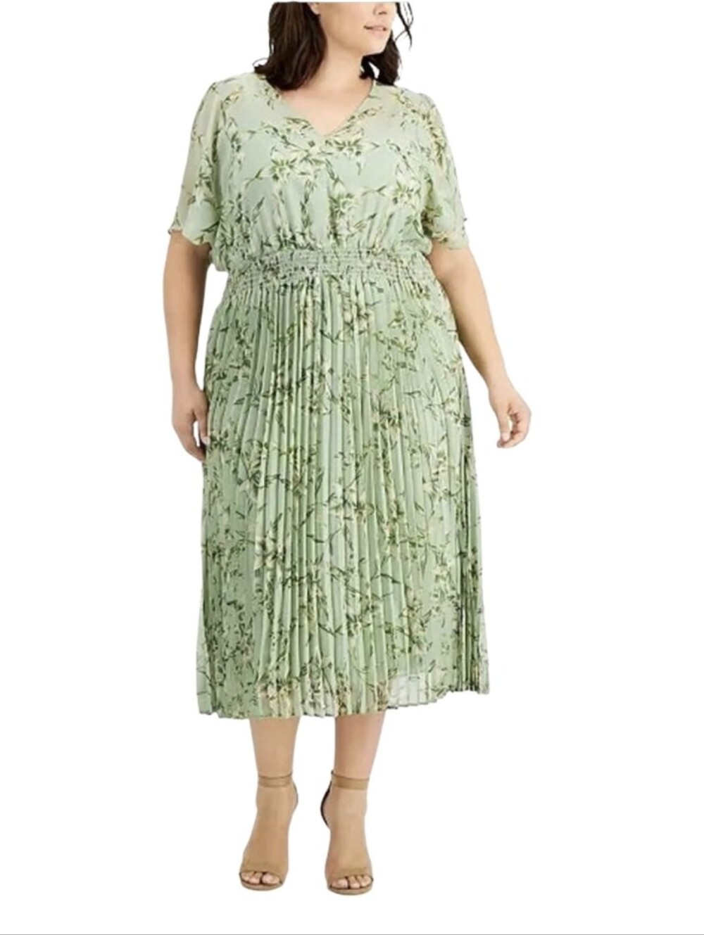 #K103 Taylor  Plus Size Floral Smocked Waist Midi Dress in Sage Green